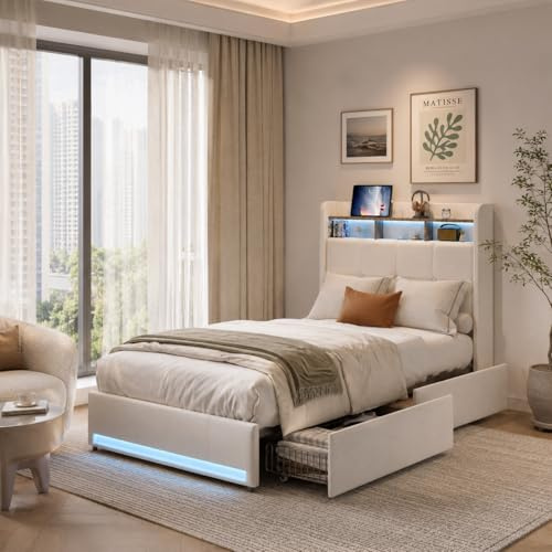 BRILVERDE Cama individual 90 x 200 cm con cajón de almacenamiento, LED/USB, cama juvenil con cabecero, estructura de cama con somier, marco de cama para adolescentes, lino (beis, 90 x 200 cm)