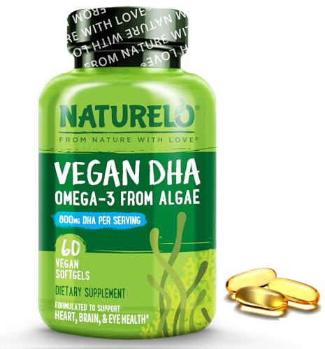 NATURELO Vegan DHA - Omega 3 Oil from Algae - Supplement for Brain, Heart, Joint, Eye Health - Provides Essential Fatty Acids for Women, Men and Kids - Complements Prenatal Vitamins - 60 Softgels