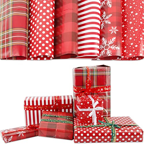 6hojas Papel de Regalo Navidad Rojo + 2 rollos Cinta de Satén + 1 Cinta de Doble Cara para Navidad Envolver Regalos Cumpleaños Fiesta Temática Manualidades Bricolaje DIY