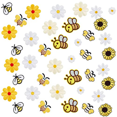 PH PandaHall 40 Stück Patches Zum Aufbügeln, Gänseblümchen Applikationsflicken Gänseblümchen Blumen Bienen Bestickte Aufnäher Flicken Zum Aufbügeln Für T Shirt Rucksack Hoodies Schuhe Taschen Jeans