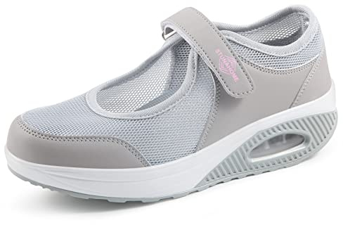 STUNAHOME Women Mary Jane Sneakers Breathable Mesh Air Cushion Comfortable Lightweight Casual Walking Shoes Gray