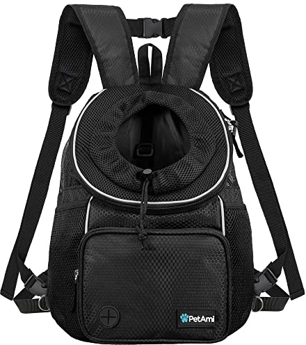 PetAmi Front Carrier Backpack for Dogs and Cats, Adjustable Ventilated Pet Chest Carrier for Hiking Camping Travel, Small Medium Dog Puppy Large Cat Carrying Bag, Max 15 lbs, Black