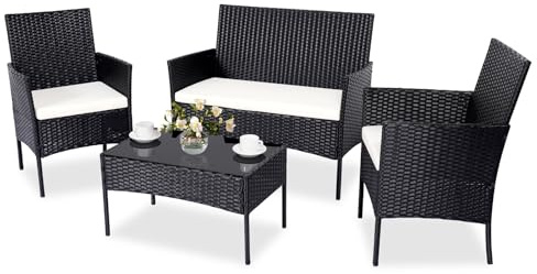 PAIQIAN Patio Furniture Set 4 Pieces, Outdoor Rattan Furniture with Tempered Glass Coffee Table, Modern Rattan Patio Chairs Conversation Sets with Sofa for Garden, Terrace, Porch, Lawns