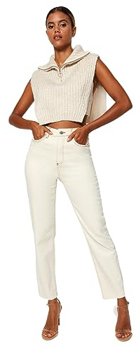 Trendyol Trendyol Damen Gerade Mama Hohe Taille Jeans, Jeans De Las Mujeres, Ecru,