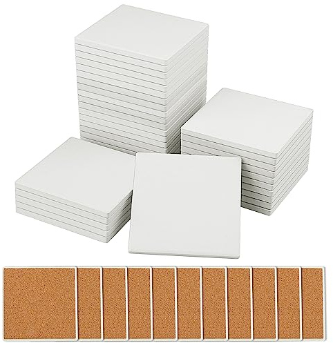 35 Pieces 4 Inch Blank Ceramic Coasters, Unglazed Ceramic Tiles Coasters, Ceramic Tiles with Cork Backing Pads for Painting, DIY Crafts, Mosaics, Square, White by GNIEMCKIN..