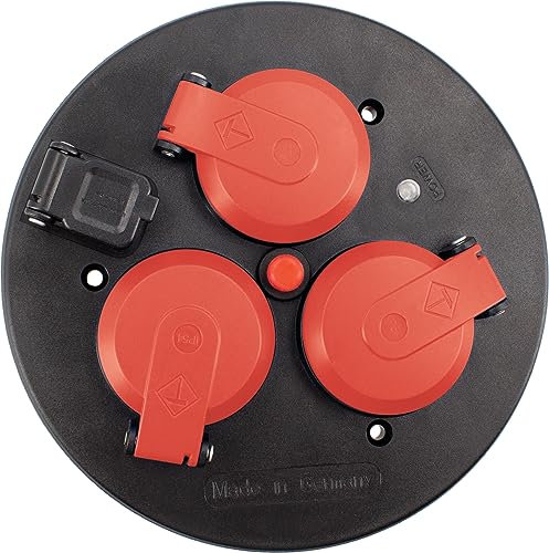 as - Schwabe 3-fach-Steckdoseneinsatz für Kabeltrommeln 230V/16A, mit Klappdeckel rot, abgesichert durch Thermoschutzschalter, mit USB-Ausgang 5V/1A, IP54, Schwarz, 11584