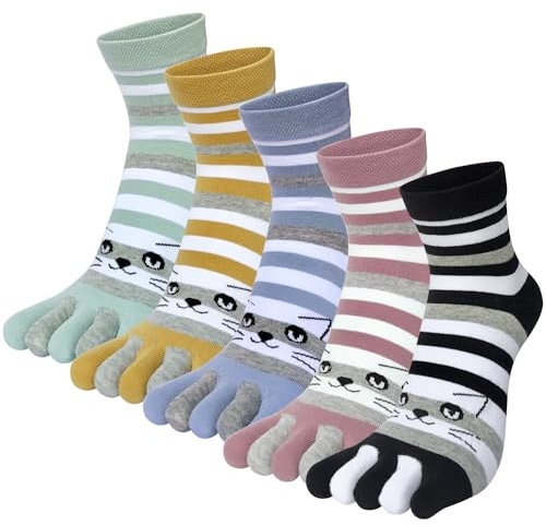 Sunvivid 5 Paare Zehensocken Damen Fünf Finger Socken aus Baumwolle Lustige Bunte Socken mit Zehen für Sport Laufende für Damen und Teenager-Mädchen, Größe 35-40