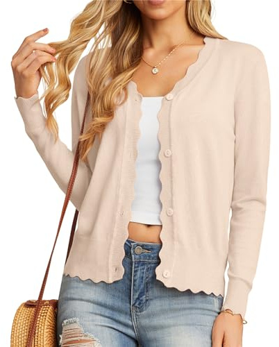 GRECERELLE Cardigan Femme avec Boutons et Encolure en V Cardigan Femme Léger et Estival Elégant avec Dentelle (Abricot, L)