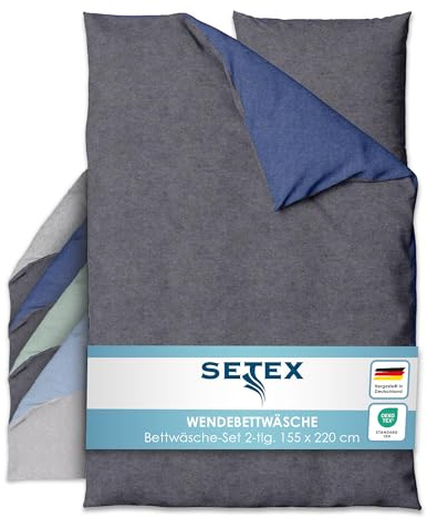 SETEX Biancheria da letto double-face, 155 x 220 cm, 2 pezzi, design grigio scuro e blu scuro, con copripiumino e federa (80 x 80 cm), 90% cotone, 10% poliestere