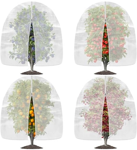 OZMI 4 Pack Fruit Tree Blueberry Bush Netting Cover, 4.6Ft x 5.9Ft Reusable Bird Netting for Garden Protection with Zipper & Drawstring, Shrubs Tomato Strawberry Plant Bushes Protector