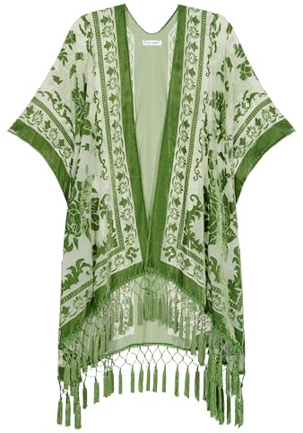 USHOWHEY Long Velvet Kimono Cardigan for Women, Special Design Pattern Placement Printing Velvet Kimono Cover Up with Tassels, Dark Green, Free Size
