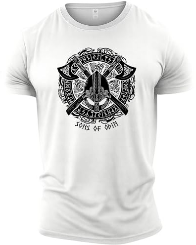 GYMTIER Sons of Odin - Helmet Vikings - Men's Gym T-Shirt Bodybuilding Training Workout Lifting Top Clothing, White, 5XL