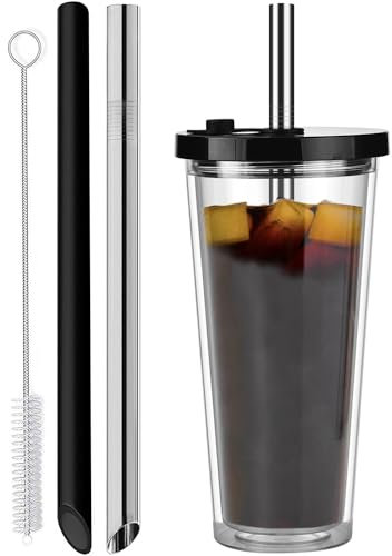 ALINK Vasos reutilizables de 24 onzas, vaso de plástico con burbujas para té, tazas de café helado con tapas y popotes, a prueba de fugas y vasos aislados de doble pared, botella de agua para jugo
