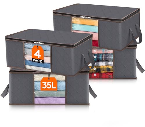 Lifewit 4 Pack Clothes Storage Bag Foldable Storage Boxes with Lids Underbed Wardrobe Storage Organiser with Sturdy Fabric Clear Window for Clothing Bedding Sweaters T-shirts Blankets, 35L, Grey