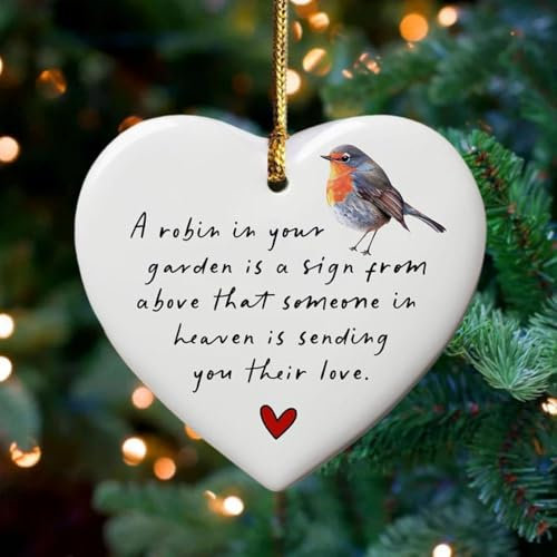 Weihnachtliches Rotkehlchen im Garten, Herz-Ornament, Rotkehlchen, Trauergeschenk für Verlust, Gedenkgeschenk, Familienverlust, Weihnachtsdekoration, Trauergeschenk, Familienverlust, Gedenkgeschenk