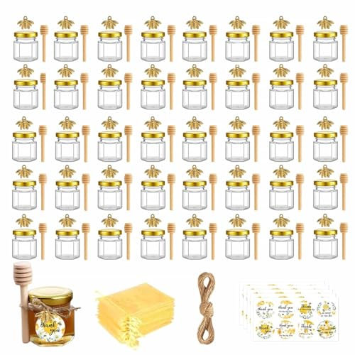 DYUEE Mini Glass Honey jars 1.5 oz Hexagonal Mini Honey Jar with Honey Spoon Gold Lids Gold Bee Pendants Jutes Bee Stickers gift bags, for Party Favours Weddings Baby Showers Wedding Favours (40)