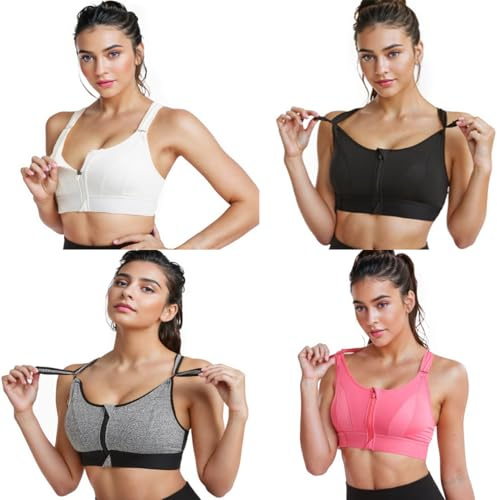 Zip Front Adjustable High Impact Sports Bras for Women 4 Pack Large Breasts Full Coverage Workout Removable Pads