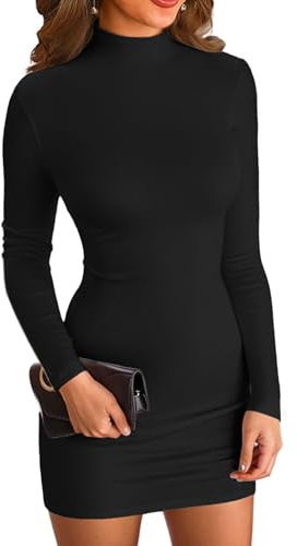 VICHYIE Abito sexy elegante da donna con collo mock, bodycon, miniabito a maniche lunghe, corto, aderente, Nero , L