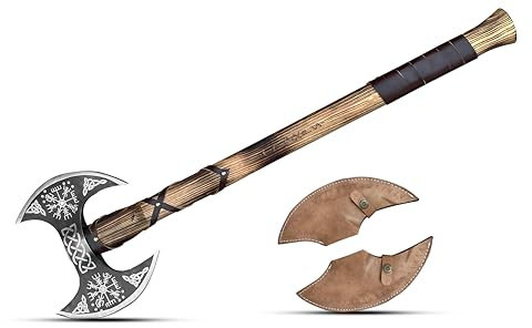 NovaHaven Handgefertigte Dekorative Axt – Klinge aus Kohlenstoffstahl mit Eschenholzgriff – Verschiedene Klingendesigns mit Ledergriff – Inkl. Schutzhülle – 4 Varianten (Dual Blade)