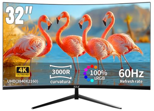 ZZA 32 Inch 4K UHD Curved Monitor (3840x2160), VA,60Hz Refresh Rate, 100% sRGB, Adaptive Sync, 178° Viewing Angle, HDMI/DisplayPort, VESA 100x100mm Mount Compatible, Tilt Adjustable - Black