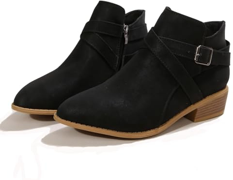 AZAGNEEM Women's Leather Buckle Strap Chunky Heel Ankle Boots with Side Zipper Fashion Comfortable Round Toe Low Stacked Heel Booties for Daily Casual Work Short Boots (black,10)