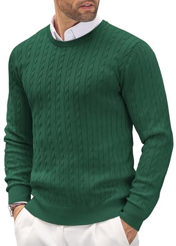COOFANDY Men's Crew Neck Jumper Cable Knitted Lightweight Jumper Slim Fit Long Sleeve Casual Pullover Sweater A-Green M