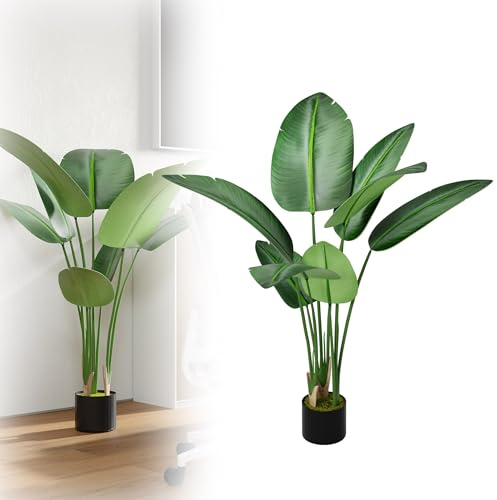 XMTECH Konstgjord palm 120 cm – tropisk konstväxt i kruka, verklighetstrogen av tygtygblad och PE-stam, lättskött, väderbeständig och UV-beständig för vardagsrum, balkong, terrass och kontor