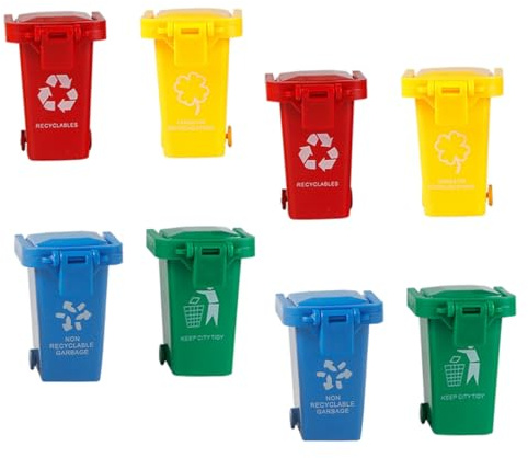 GARIOUANS Lot de 8 Poubelles pour Garçon et Filles à Pousser, Mini Poubelles en Plastique Colorées Couvercle Rabattable, Légères et Résistantes, pour Apprentissage du Tri des Déchets et
