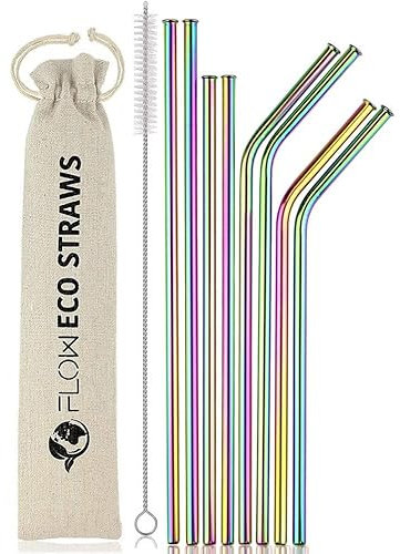 FLOW Barware Reusable Metal Drinking Straws | Set of 8 Metal Straw Metal Straws | Stainless Steel Straws with Cotton Storage Bag & Cleaning Brush | Eco-Friendly Reusable Straw | Rainbow