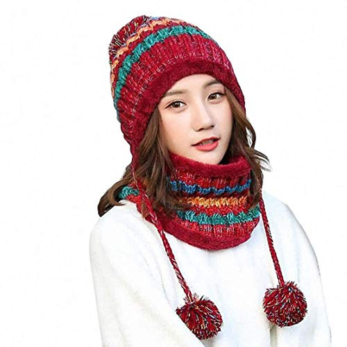 Aisaving Women Knitted Hat Scarf Set Winter Warm Thicken Crochet Bobble Pom Pom Beanie Hat Cap Outdoor Ski Snowboard Cycle Bobble Hemming Hats with Fleece Lining(Red)