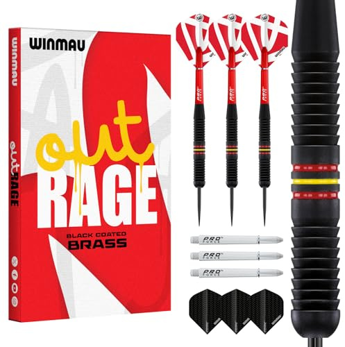 WINMAU Outrage dartpilar metallspets | Steeldarts 20 g, 21 g, 22 g, 23 g | mässingsfat | Outrage röd-vita flights eller Prism Alpha Black Flights – Pro Force skaft | Amazon exklusiva professionella