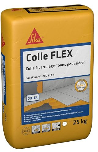 SIKA - Colle à carrelage - SikaCeram 200 FLEX - Blanc - 25kg | Tous types de carreaux (3600cm² max) - Murs et Sols - Intérieur et Extérieur - Sans poussières
