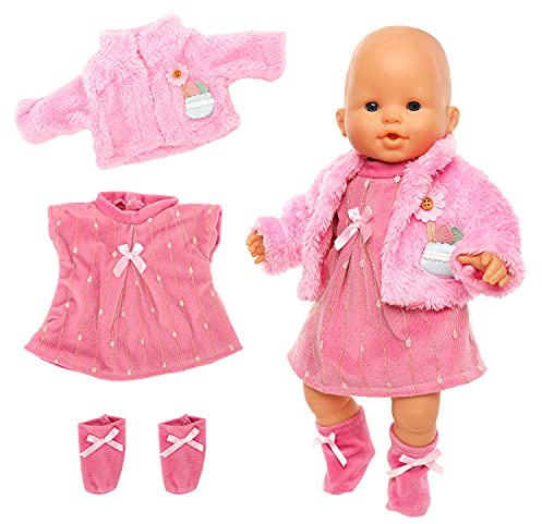 Miunana Sweet Doll Clothes New Dress Coat Socks for 14 Inch 16 Inch 17 Inch 35-43 cm Born Baby Doll, Baby Doll Clothes Outfits (Pink-Pluffy)