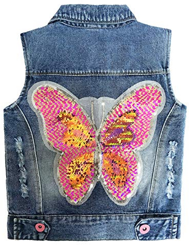 Peacolate Girl Distressed Sleeveless Jacket Butterfly Denim Vest(Butterfly,9-10Y)