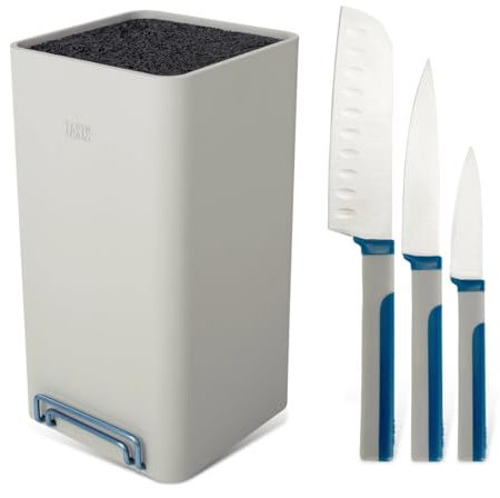 Tasty Juego de cuchillos con 3 cuchillos, 4 piezas, bloque universal con cerdas y soporte para tablet y teléfono móvil y cuchillos de acero inoxidable