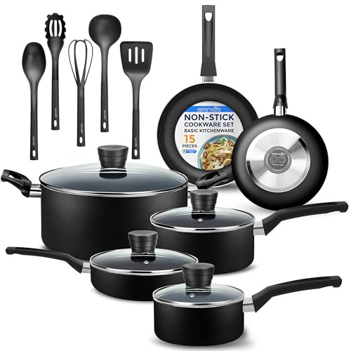 SereneLife Pentole e Padelle Set Cucina 15 Pezzi, Rivestimento Antiaderente Senza PFOA/PFOS, Smalto Resistente al Calore, Manici in Bachelite, Nero