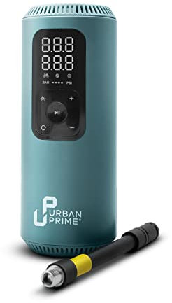 Urban Prime Portable Electric Air Compressor XP - Compressore portatile per bici, moto, monopattini, palloni, con sensore pressione, luce LED integrata, 150 PSI, 2x1.200 mAh
