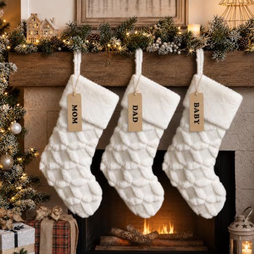 AOGU 3 Pack 18 Inch Faux Fur Christmas Stockings Cable Knit Knitted Thick Snowy White Xmas Christmas Stockings Hanging Ornaments Candy Gift Bags for Christmas Decorations