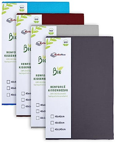 BaSaTex Bio Renforcé 2er Pack Baumwolle Kissenbezüge für Seitenschläfer Kissen | 100% Bio-Baumwolle | Reißverschluss |2X 40x145 cm |Uni Stahlgrau
