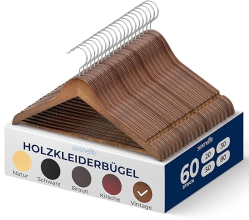 SereneLife Wood Hangers - Space Saving Heavy Duty Slim Suit Clothes Hanger Set with 360 Degree Swivel Metal Hook, Can Hold Up to 10 Lbs. for Coats, Jackets, Pants & Dress (60 Pieces)