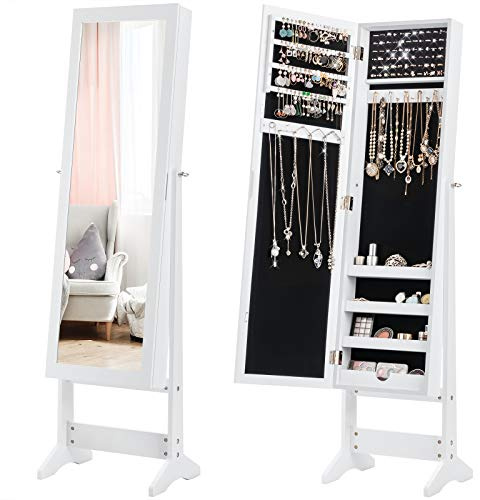 COSTWAY Freestanding Jewellery Cabinet, 3-Angle Adjustable Jewelry Armoire with Full-Length Mirror and Large Storage, Bedroom Floor Makeup Cosmetics Jewellery Organiser Unit Gift (White)