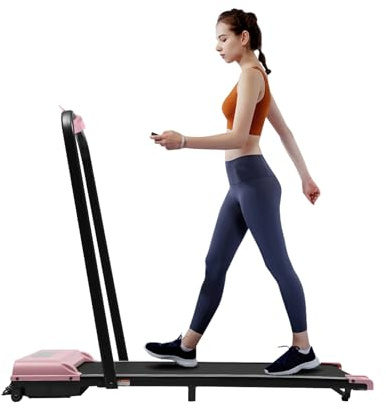 Löpband för hemmet, hopfällbar, elektrisk, löpband, promenaddyna med LCD-skärm, fjärrkontroll, 1–6 km/h, löpband, under skrivbord, treadmill för hem och kontor (rosa)