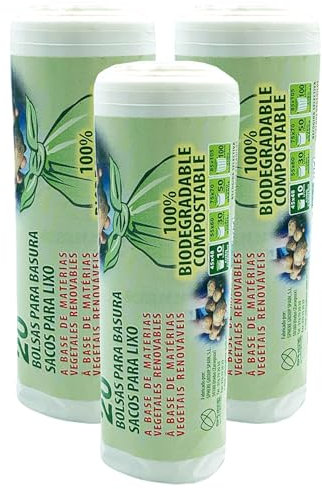 3 rollos de 20 bolsas de basura (60 bolsas) biodegradable y compostable, 10 L. de capacidad