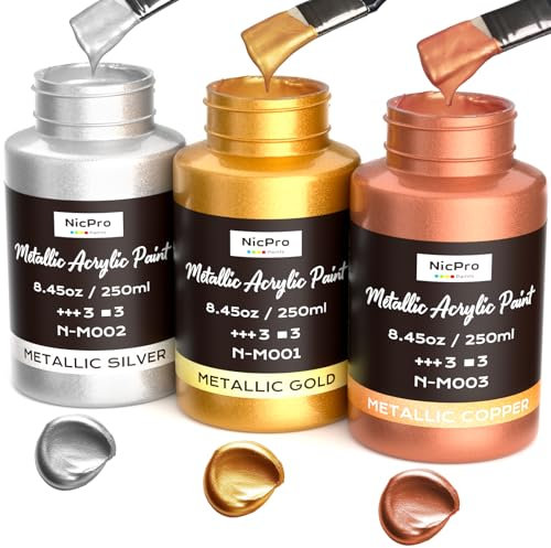 Pintura acrílica metalizada Nicpro,3 colores: dorado,plateado y cobre,750 ml.No tóxica,resistente a la luz,ideal para pintura artística,ideal para múltiples superficies:lienzo,madera,arcilla y metal.