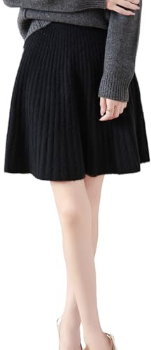 Ailaile Gonna corta Donna Autunno Inverno 100% Lana Merino Maglia Gonna Ragazza A Costine Elastico In Vita Gonne, nero, XX-Large