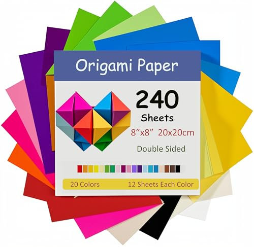 240 Blatt Origami Papier, 20 x 20 cm, doppelseitig, 70 g/m², 20 Farben, groß faltpapier quadrate für Kinder, DIY, Schule, Kunst, Bastelprojekte, Kinder und Erwachsene