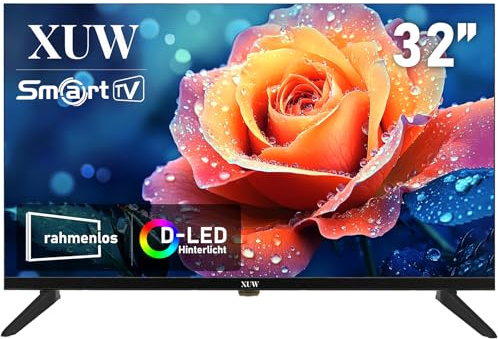 XUW 32 Zoll HD Smart TV, D-LED Hintergrundbeleuchtung Fernseher, randloses Design, HDMI USB DVB-T2/S2 RJ45 Schnittstelle, großer Bildschirm für Wohnzimmer, Schlafzimmer, Heimunterhaltung - schwarz