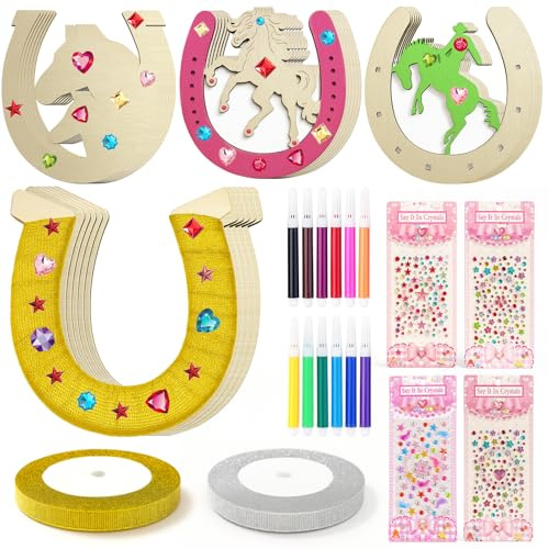 kelav Découpe en Bois en Fer à Cheval, 24 Pièces Fer à Cheval en Bois + 12 Crayon Aquarelle + 4 Autocollants + 2 Rubans Pailletés, Cadeau Anniversaire pour Activité Manuelle Enfant