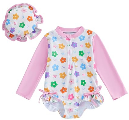 UUAISSO Traje Baño Una Pieza Manga Larga para Niña Pequeña con Gorro Protector contra Erupciones Volantes Estampado Floral y Cremallera para Playa Flores Coloridas 3-4 años