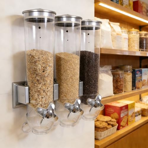 Distributore di Cereali A Parete, Cereali di Cibo Secco, Distributori di Caramelle di Grande capacità, Distributore di Cereali Trasparente per La Conservazione in Cucina(Silver,Triple Head 5.4L)